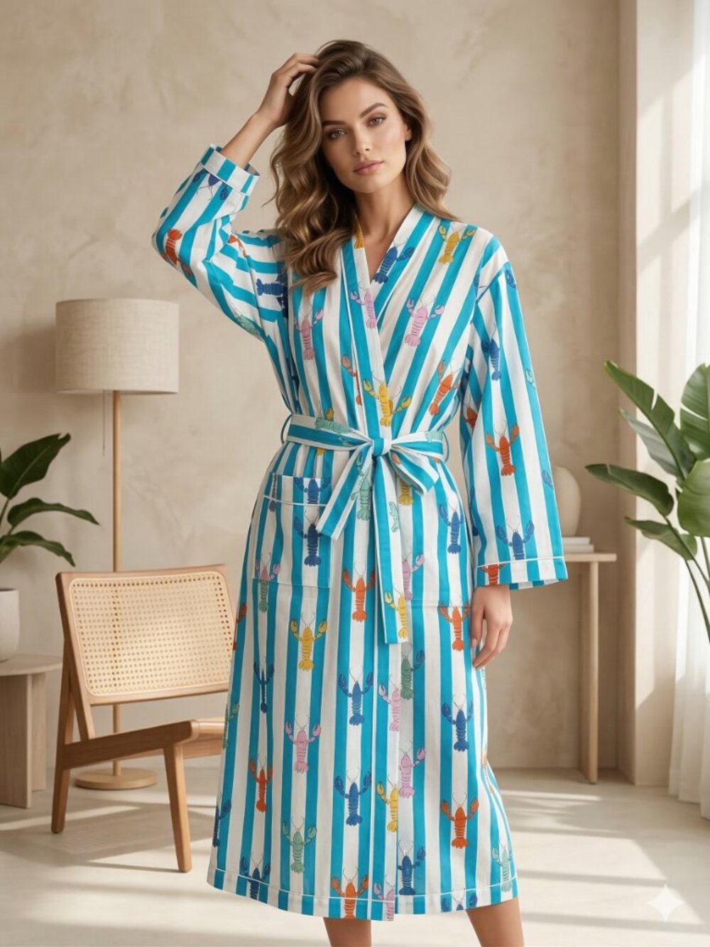 Lobster Block Print Cotton Kimono Robe, Beach Cover Up Dress